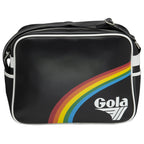 Black Gola crossbody bag with a rainbow stripe and logo on the front. 
