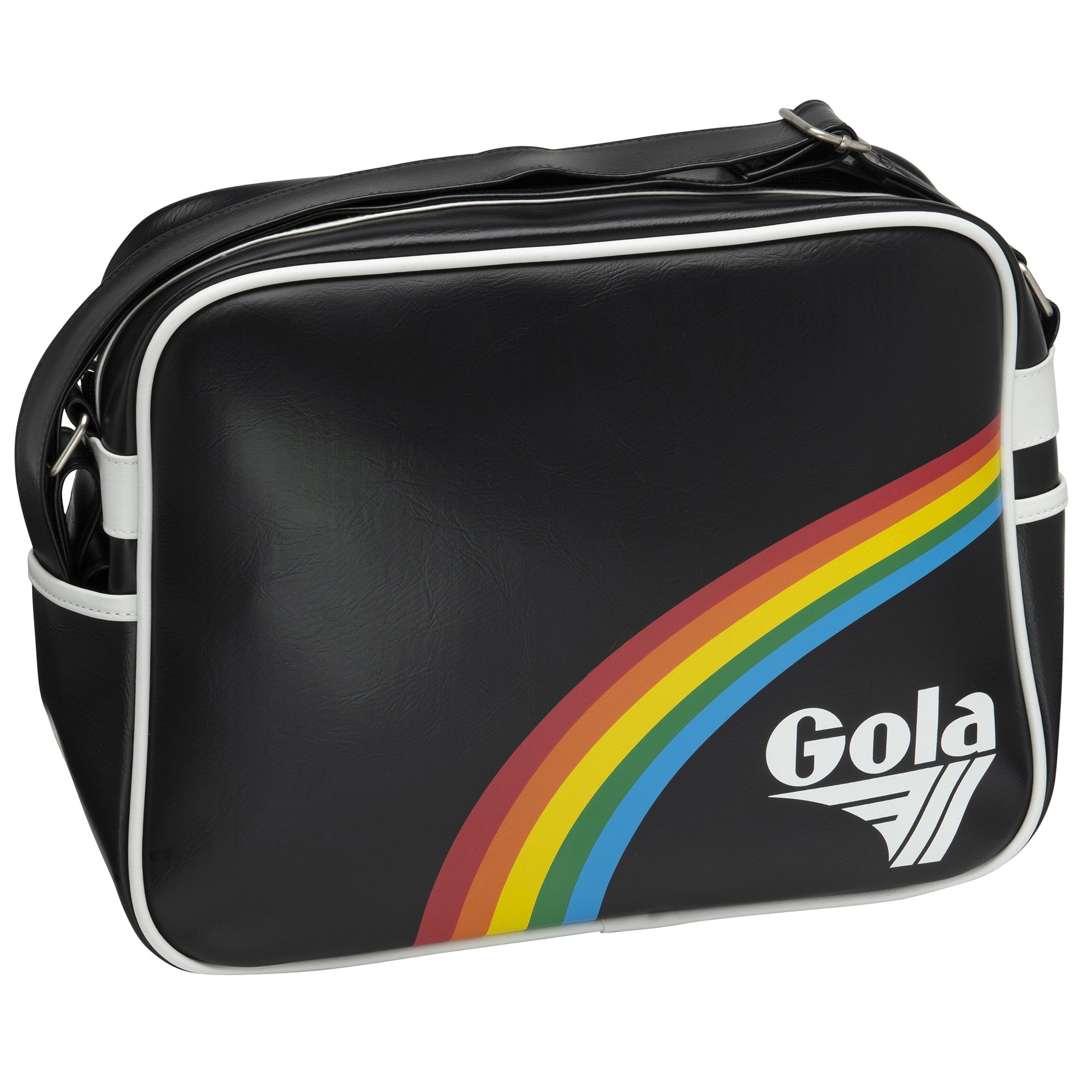 Black Gola crossbody bag with a rainbow stripe and logo on the front. 
