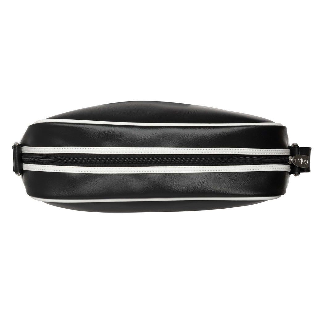 Top view of a black Gola crossbody bag with two white stripes. 