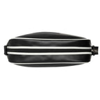 Top view of a black Gola crossbody bag with two white stripes. 