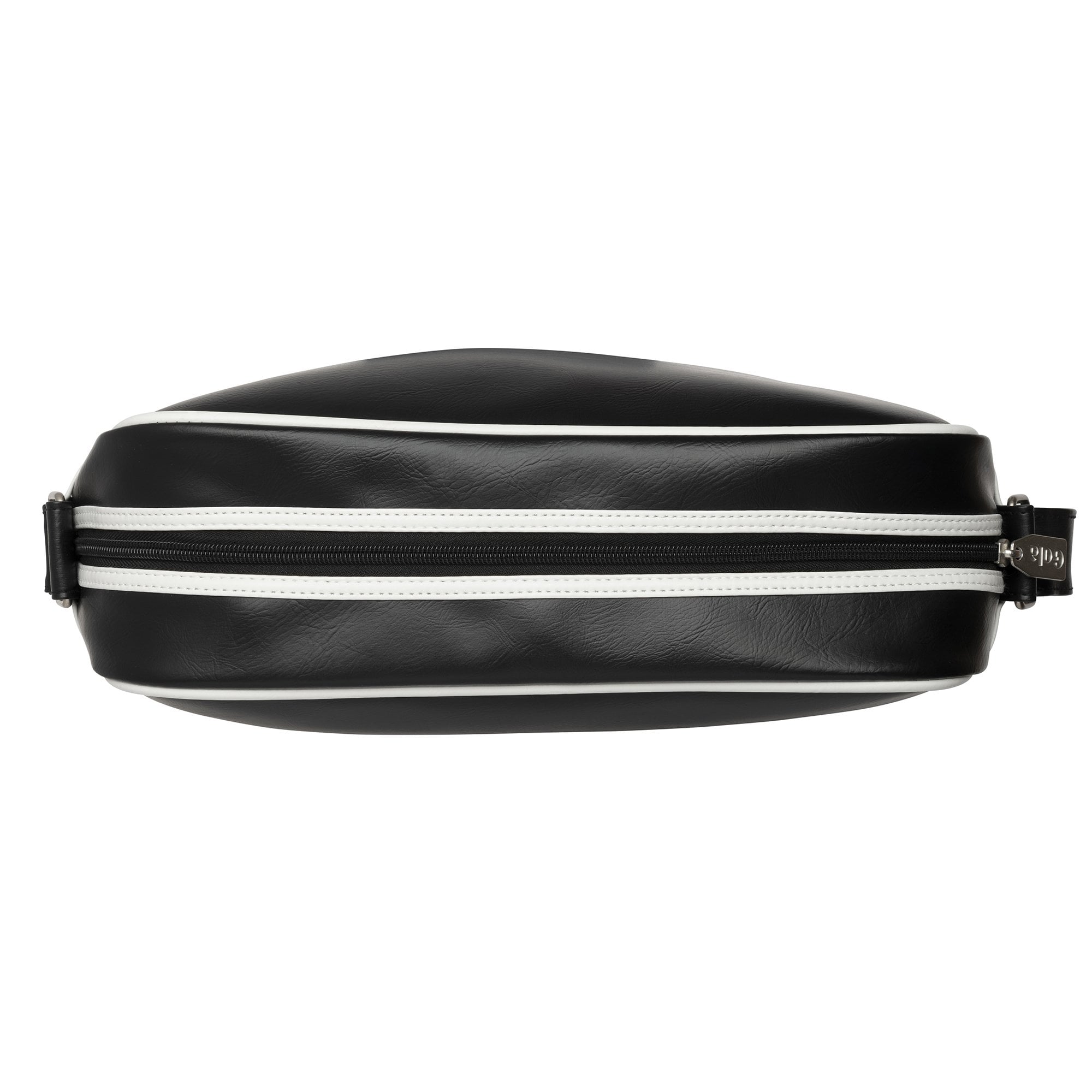 Top view of a black Gola crossbody bag with two white stripes. 