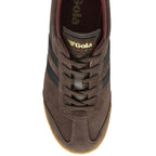 Top down view of a brown Gola men's shoe with black stripes.