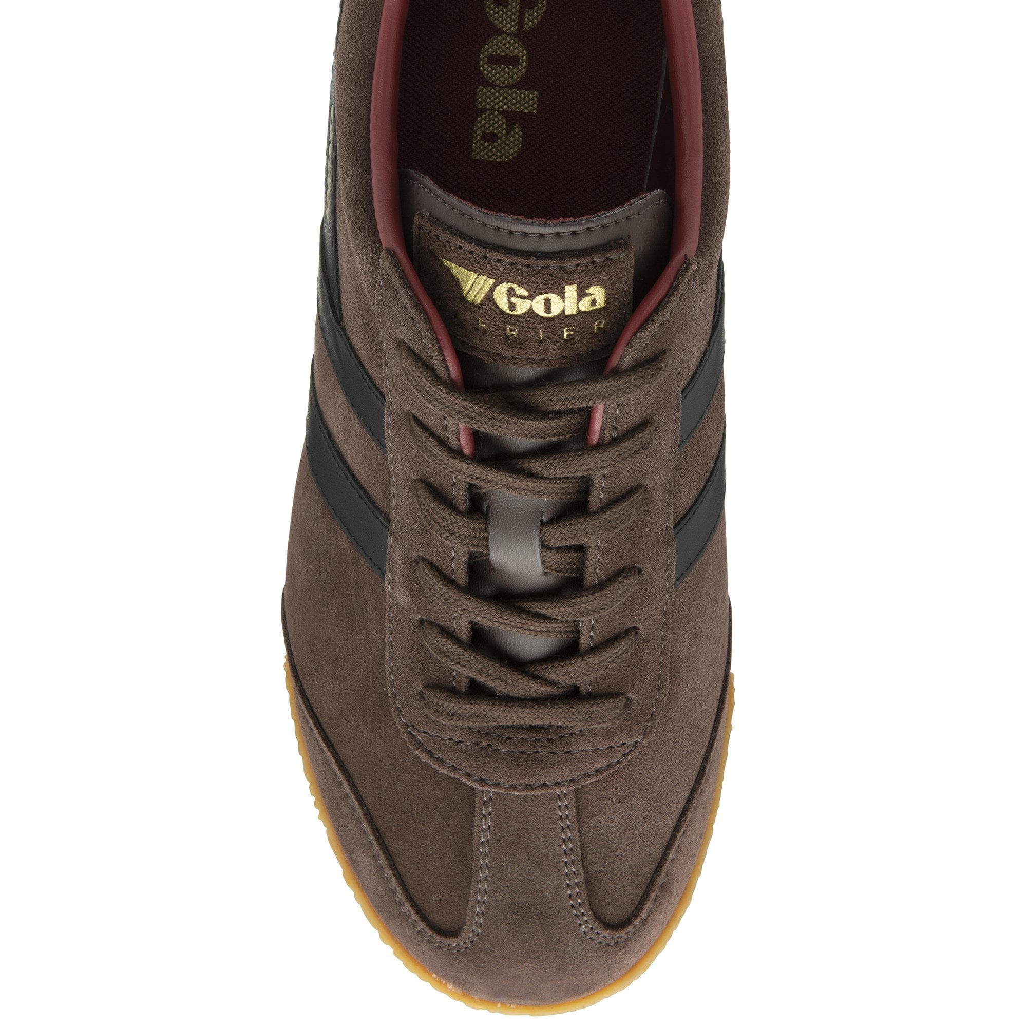 Top down view of a brown Gola men's shoe with black stripes.