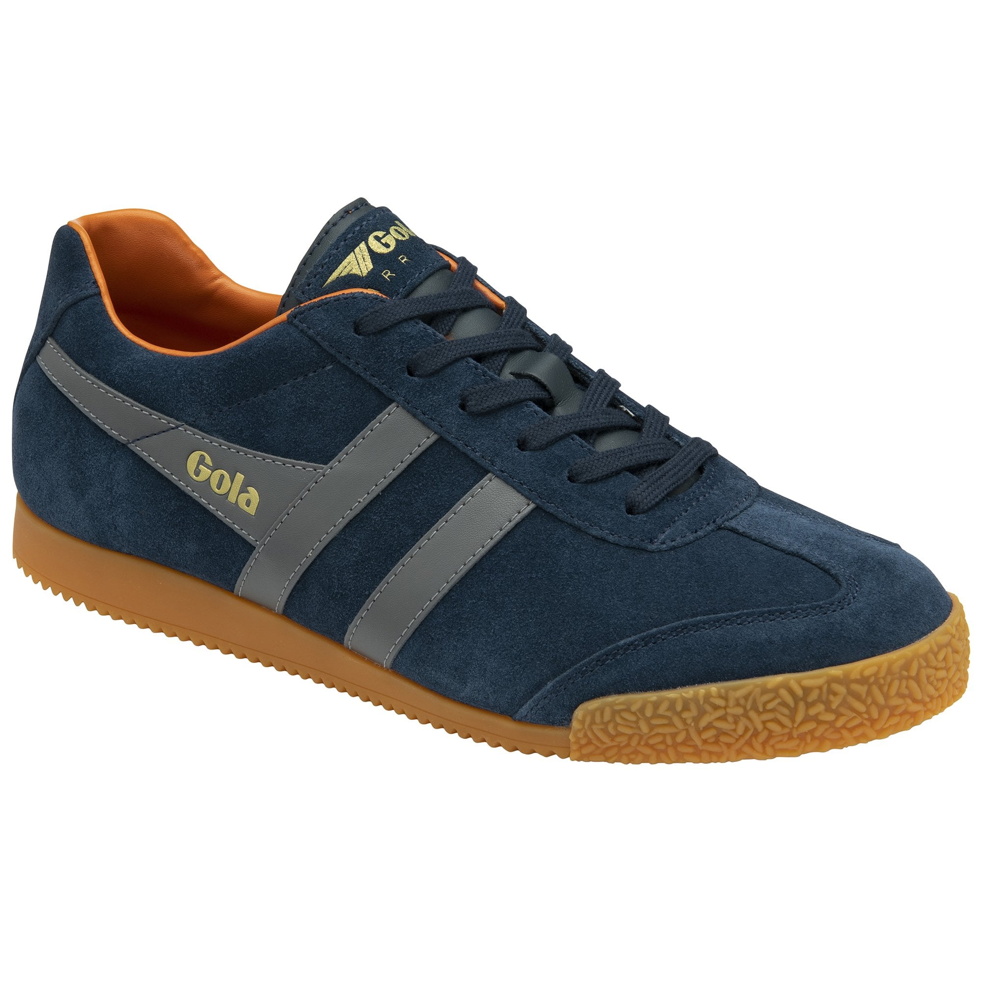 Three-quarter view of a Gola men's Harrier shoe in navy with a gum sole and orange trim.