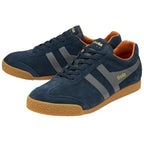 Pair of Gola men's Harrier shoes in navy with a gum sole and orange trim.