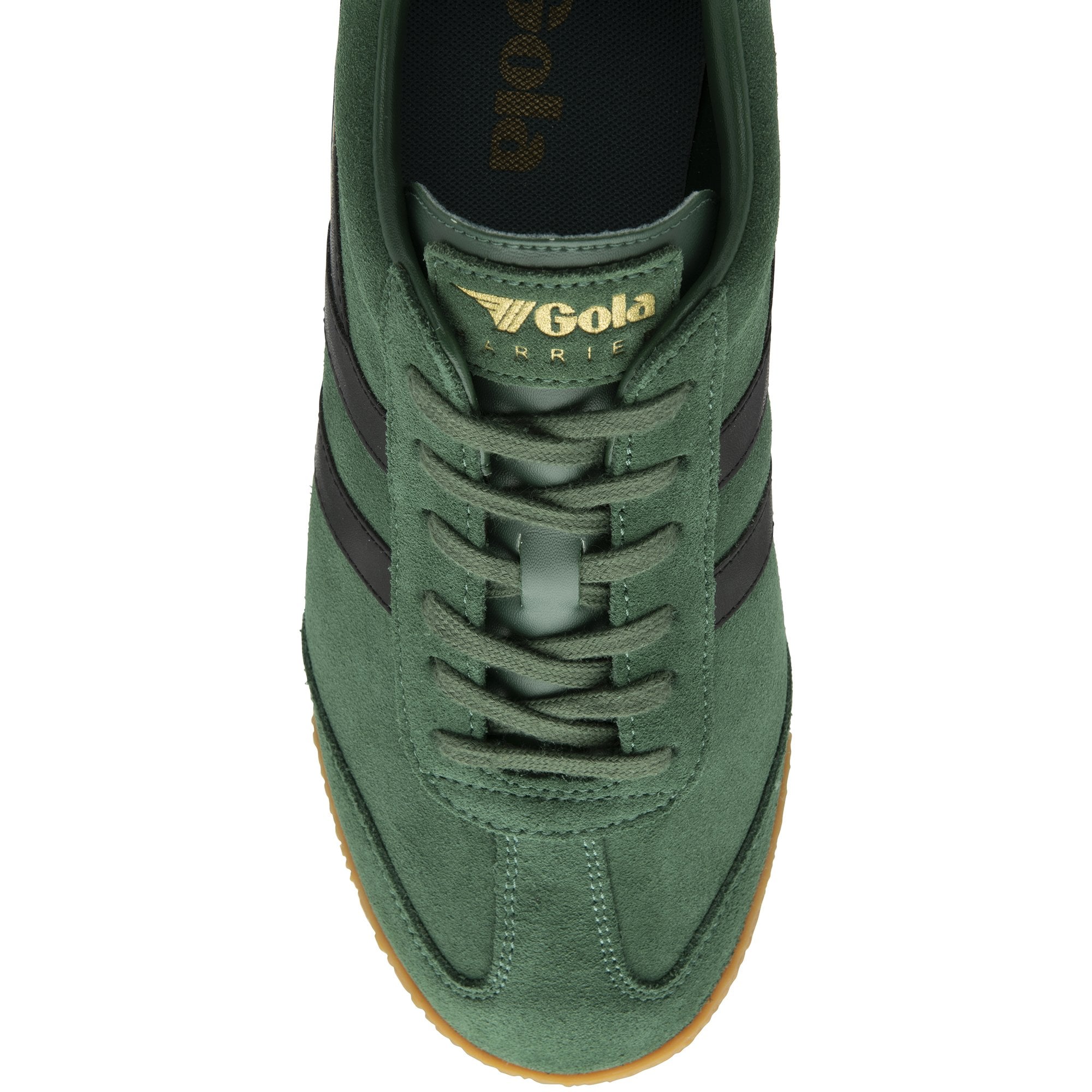A close-up shot captures the Gola men's Harrier trainer in forest green, set against a white backdrop.
