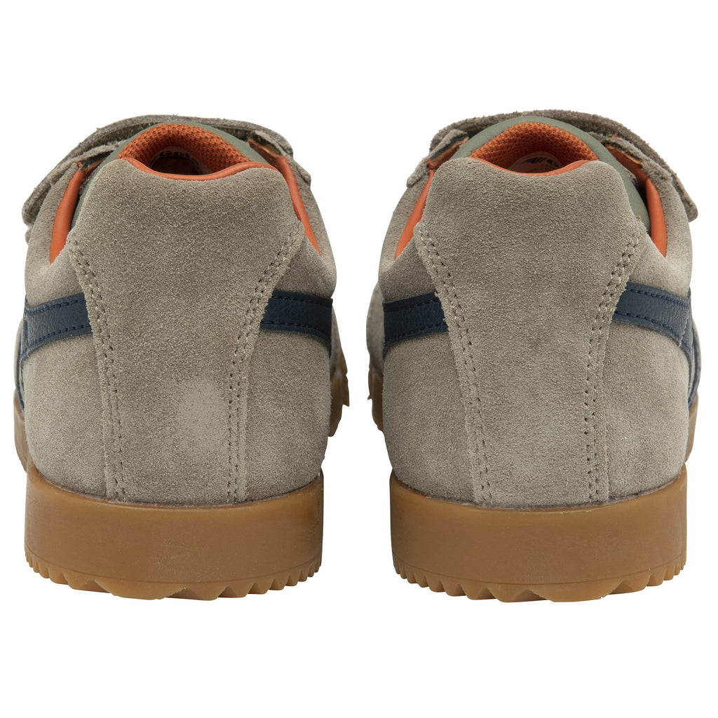 Back view of a pair of brown suede Gola kids' sneakers.