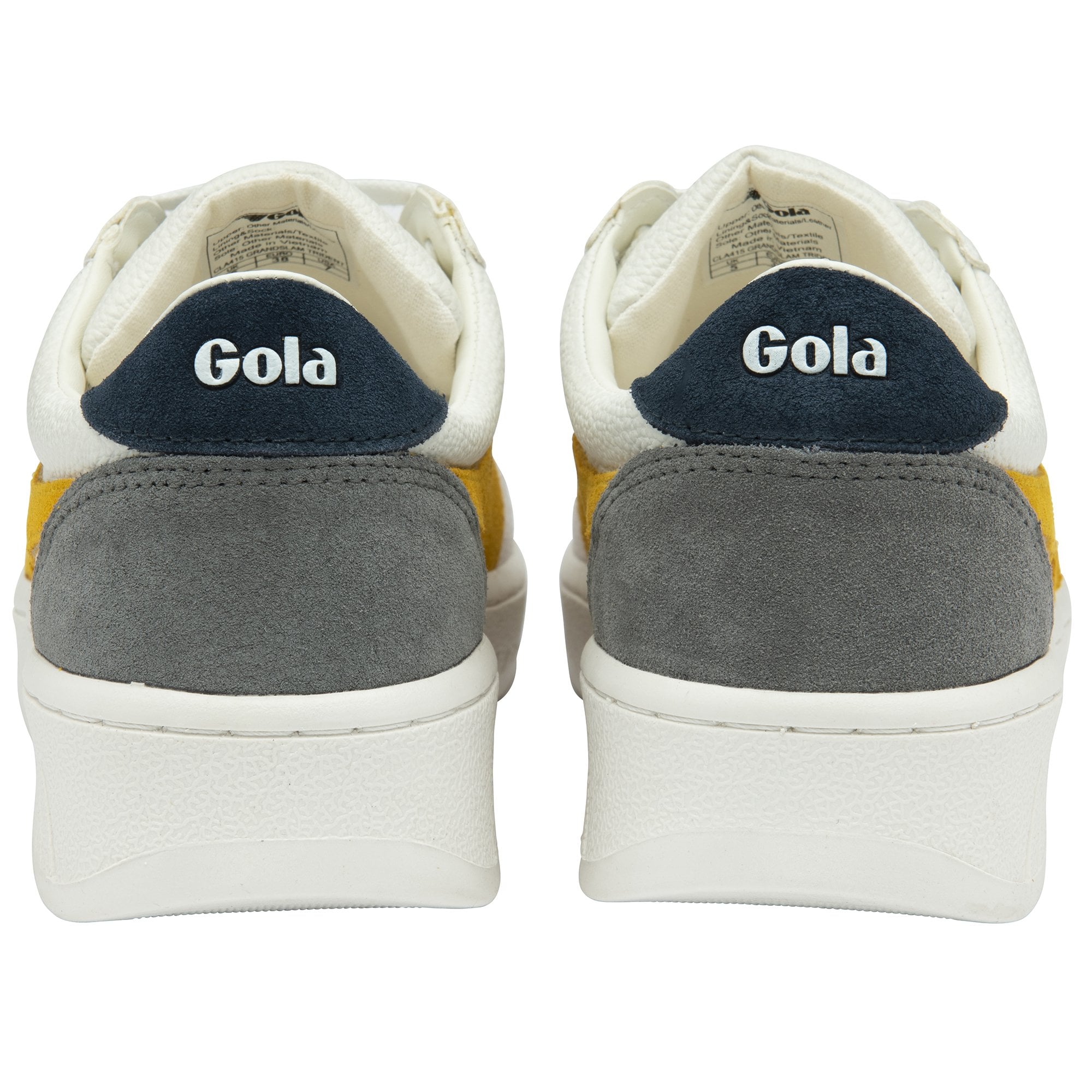 The rear view of two white Gola sneakers with gold accents.