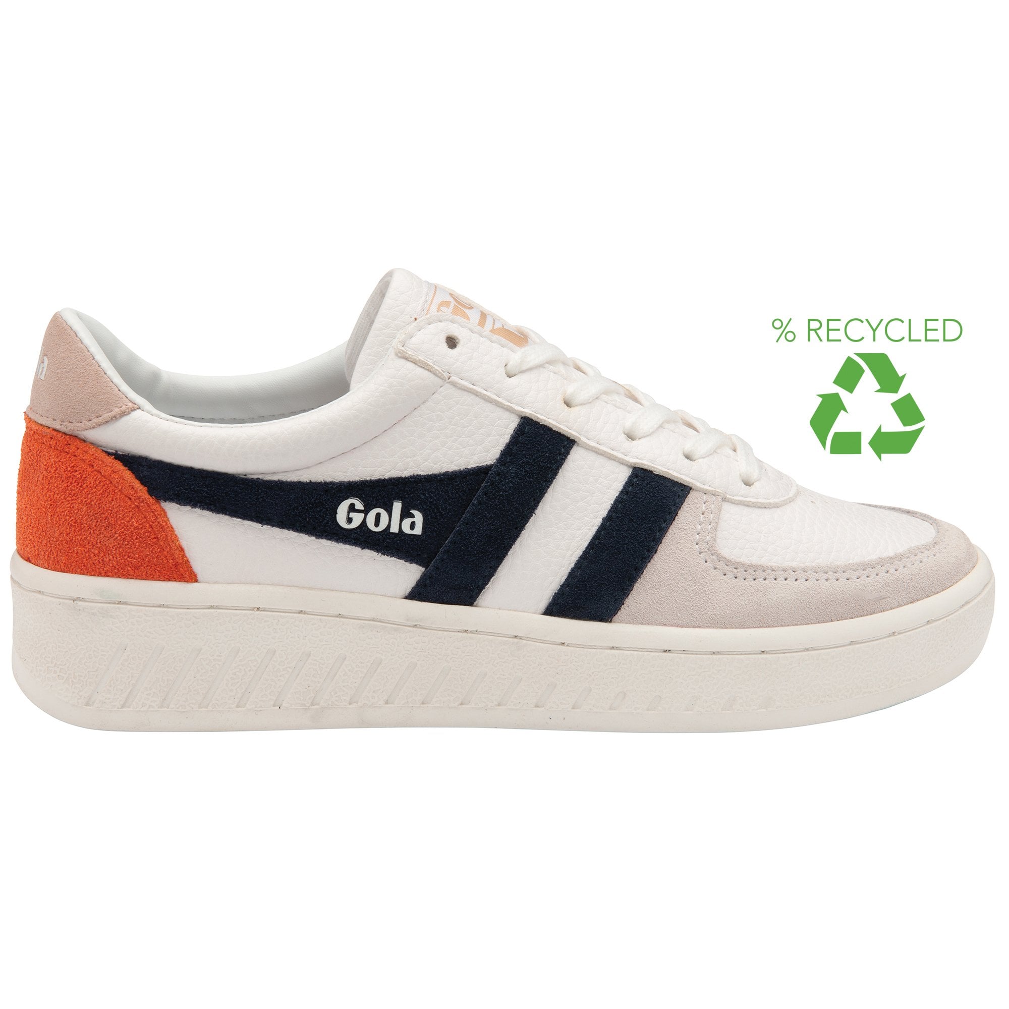 A white Gola sneaker with navy stripes and an orange heel, featuring a recycled logo on the right.
