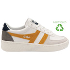 A white Gola sneaker with gold stripes and a green recycled symbol in the corner.