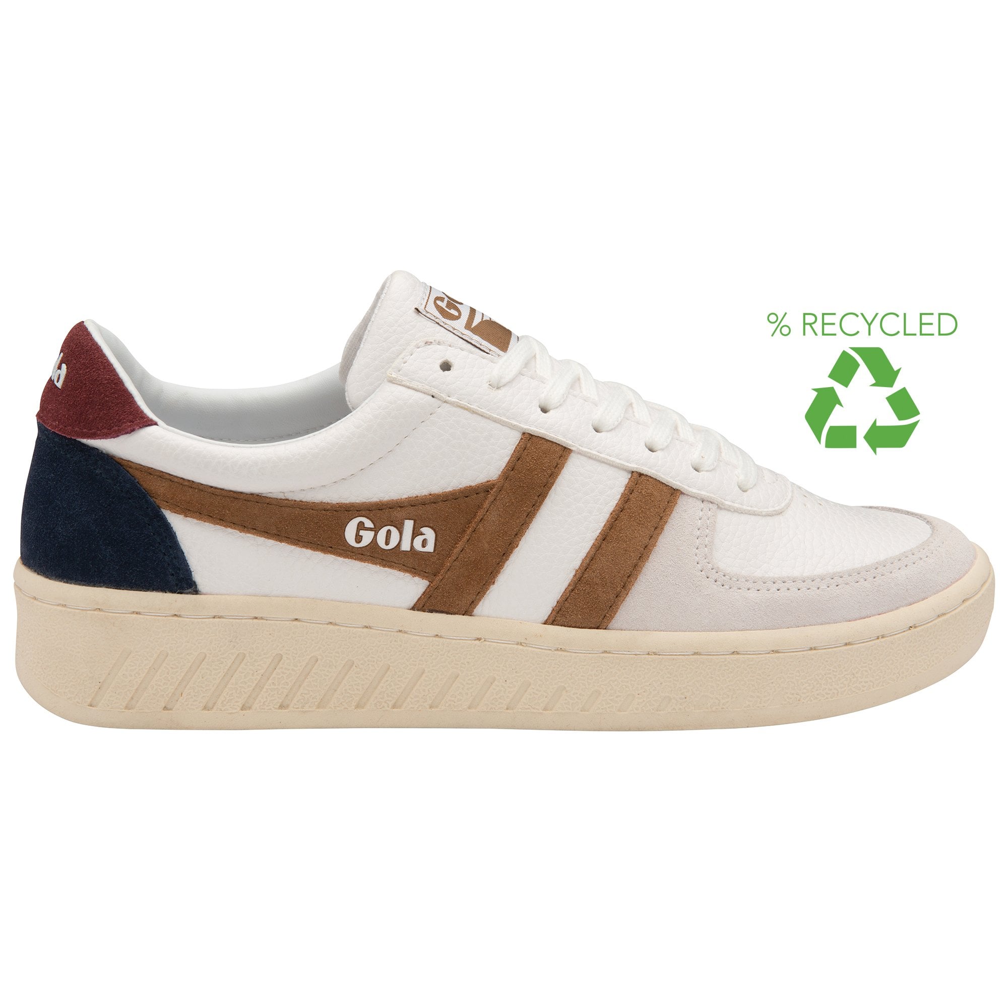 A white Gola sneaker with brown and navy accents and a recycled material logo.