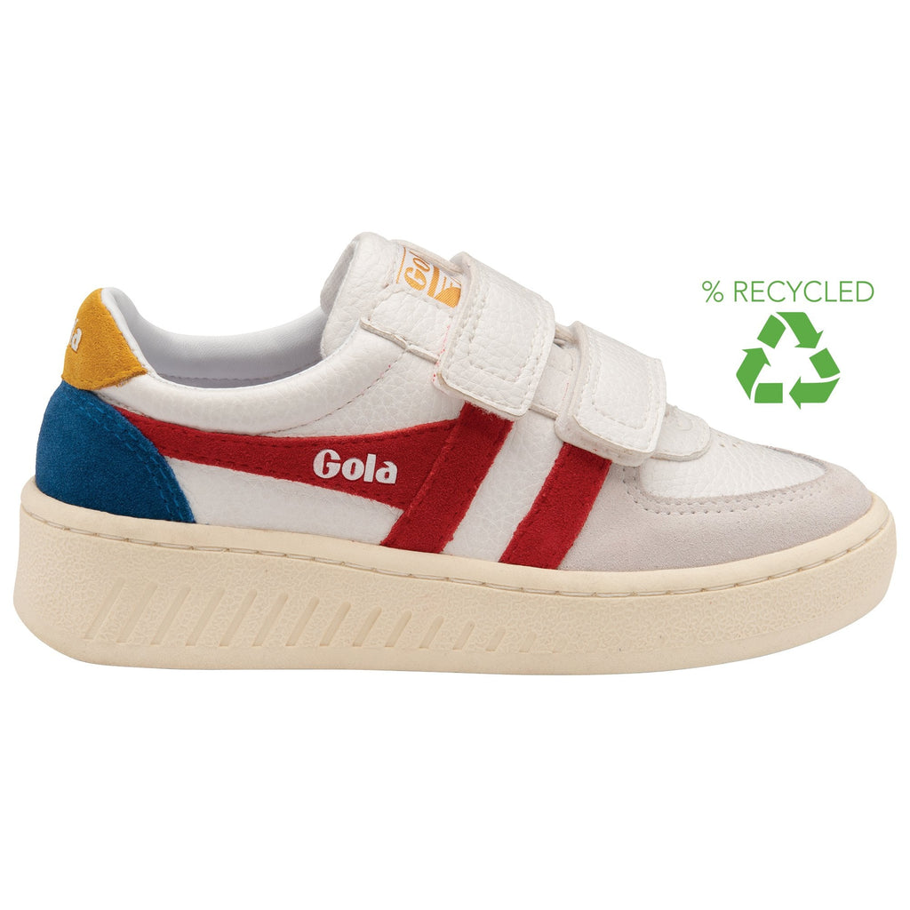 A white Gola sneaker with red stripes, blue and yellow accents, and two velcro straps. It highlights its recycled content.