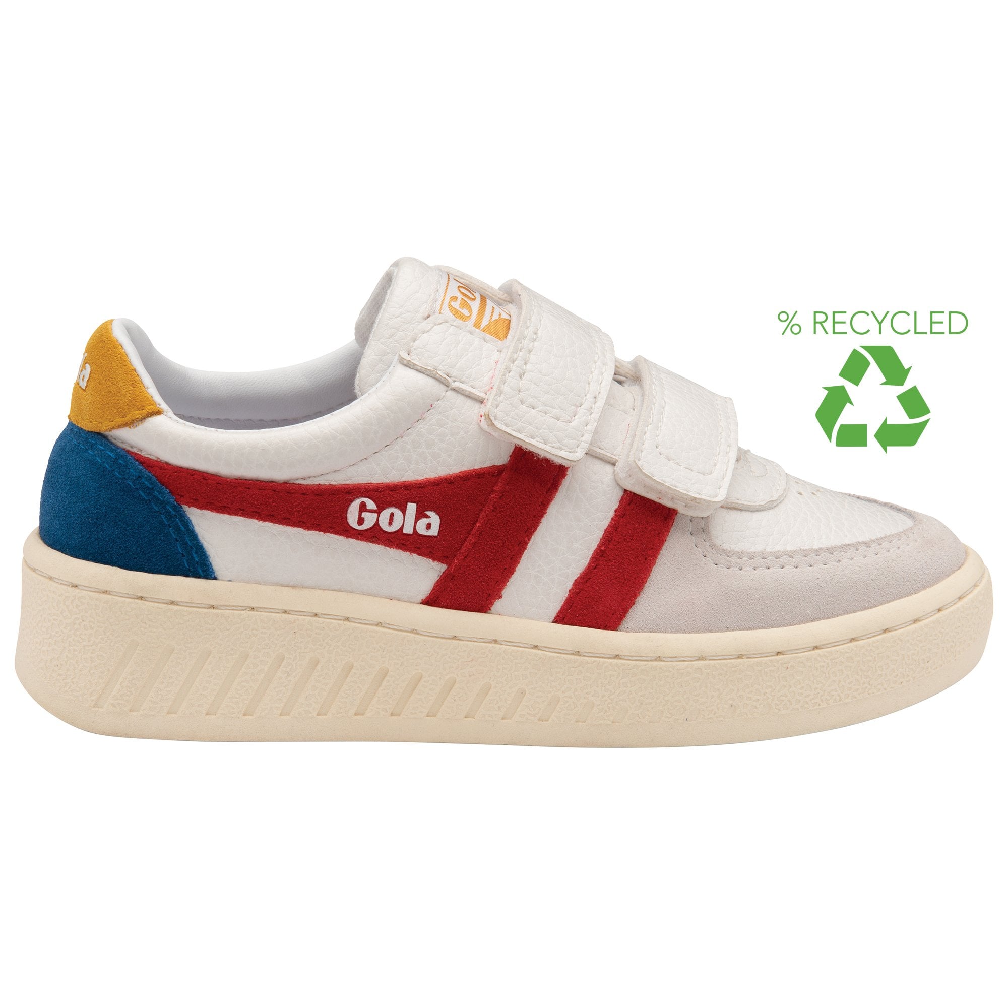 A white Gola sneaker with red stripes, blue and yellow accents, and two velcro straps. It highlights its recycled content.