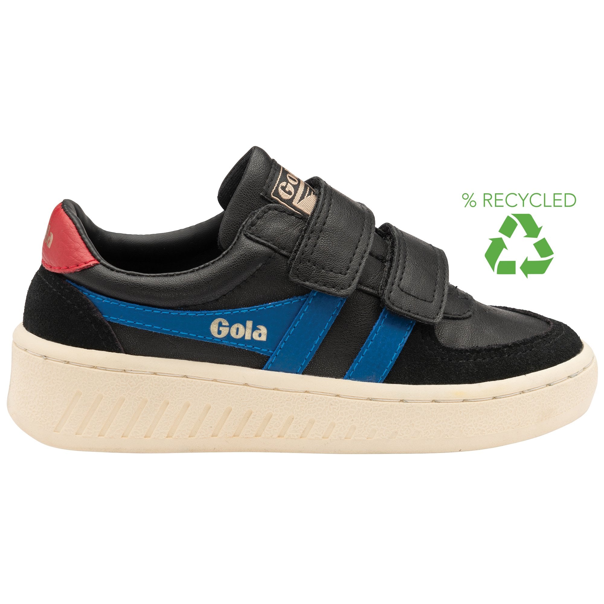 A black Gola sneaker with blue stripes and red heel accent, featuring a 'recycled' symbol.