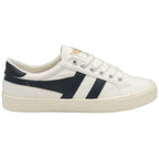 A white Gola women's trainer with black stripes and a cream sole. Side profile.