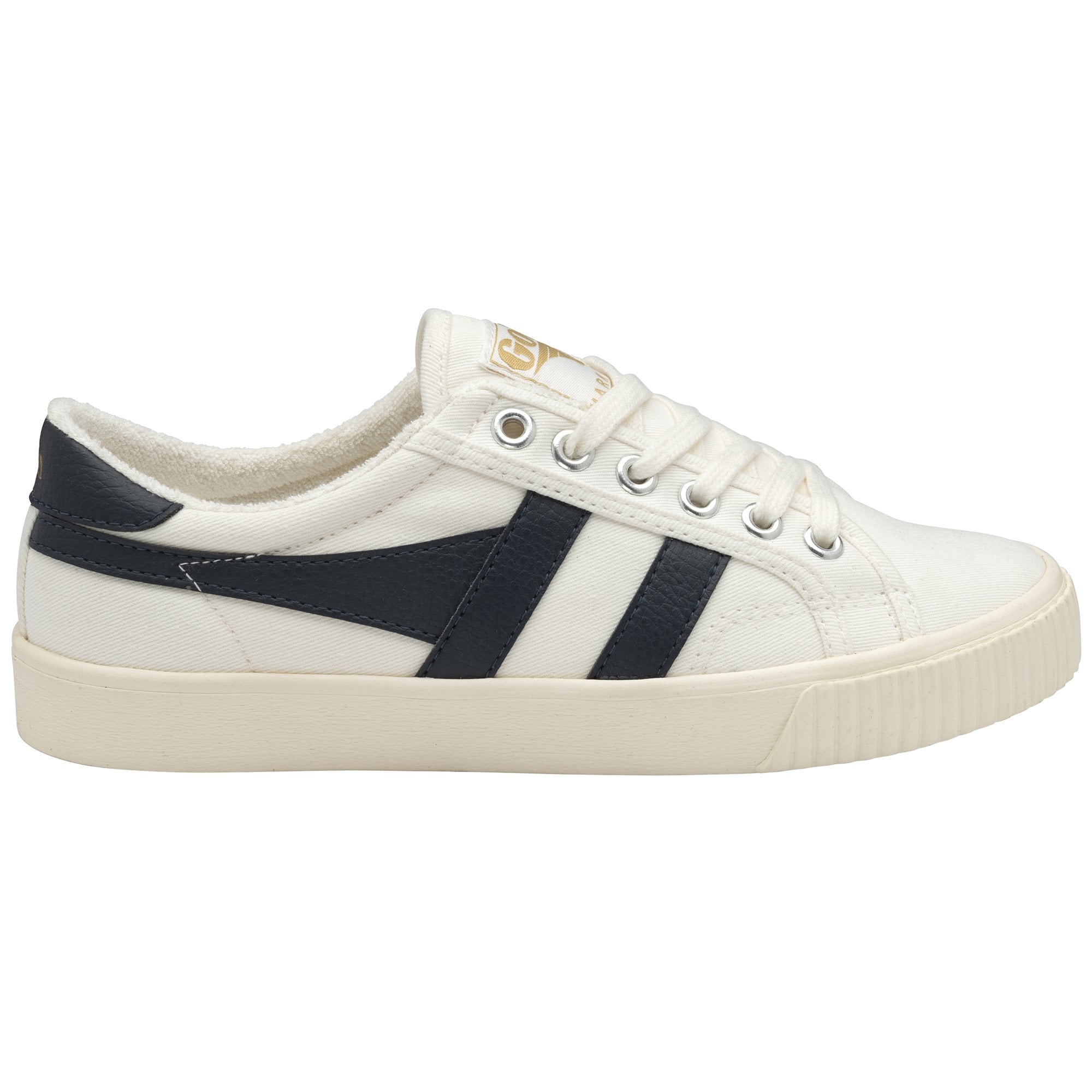 A white Gola women's trainer with black stripes and a cream sole. Side profile.