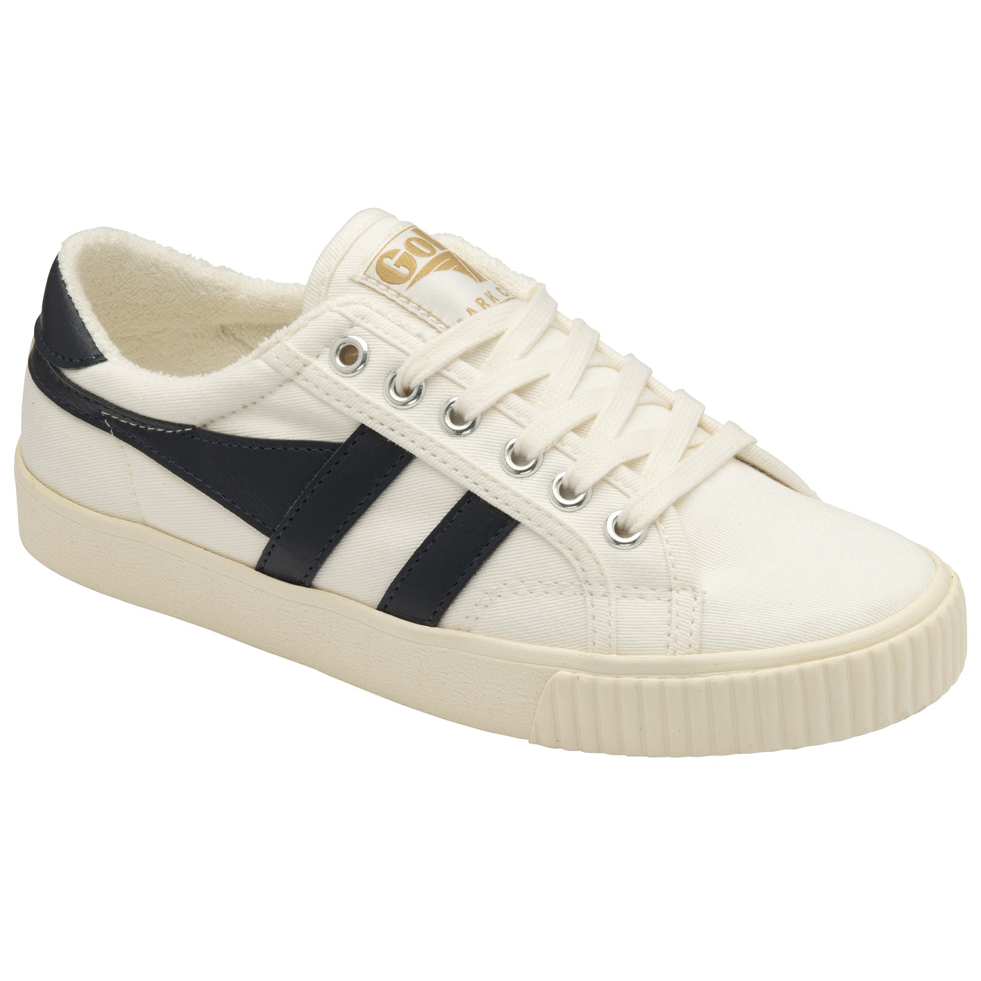 A white Gola women's trainer with black stripes and a cream sole. Side profile.