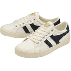 A pair of white Gola women's trainers with black stripes and cream soles.
