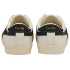 The back of two white Gola women's trainers with black trim and cream soles.