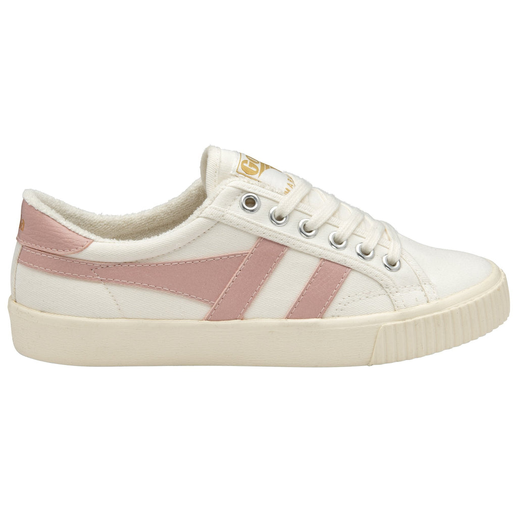 Side view of a single off-white Gola sneaker with two parallel pink stripes on the side.