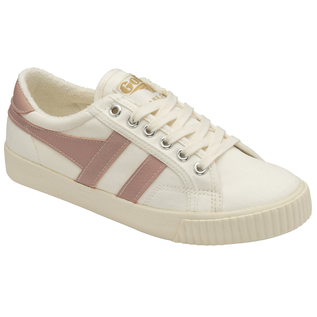 Angled side view of a single off-white Gola sneaker with two parallel pink stripes.