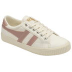Angled side view of a single off-white Gola sneaker with two parallel pink stripes.
