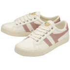 Pair of off-white Gola sneakers with pink stripes, positioned at an angle.