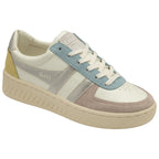 A white Gola sneaker with pale blue, pink, silver, and yellow accents shown at an angle.