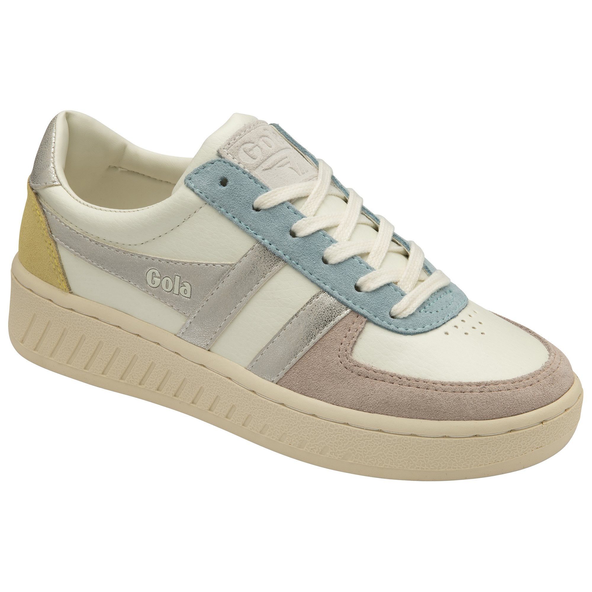 A white Gola sneaker with pale blue, pink, silver, and yellow accents shown at an angle.