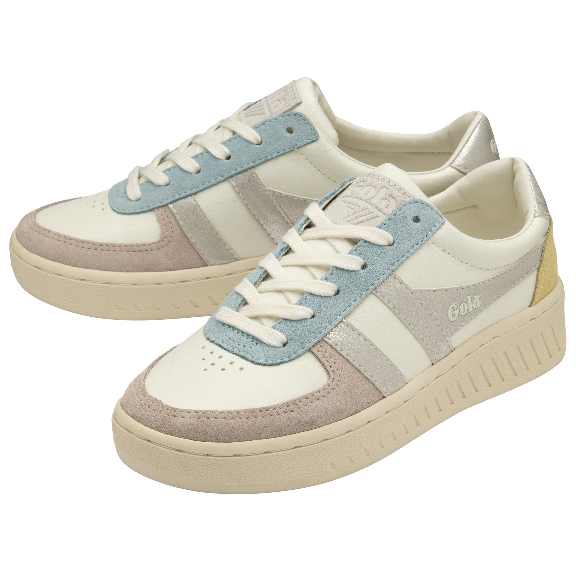 A pair of white Gola sneakers with pale blue, pink, silver, and yellow accents.