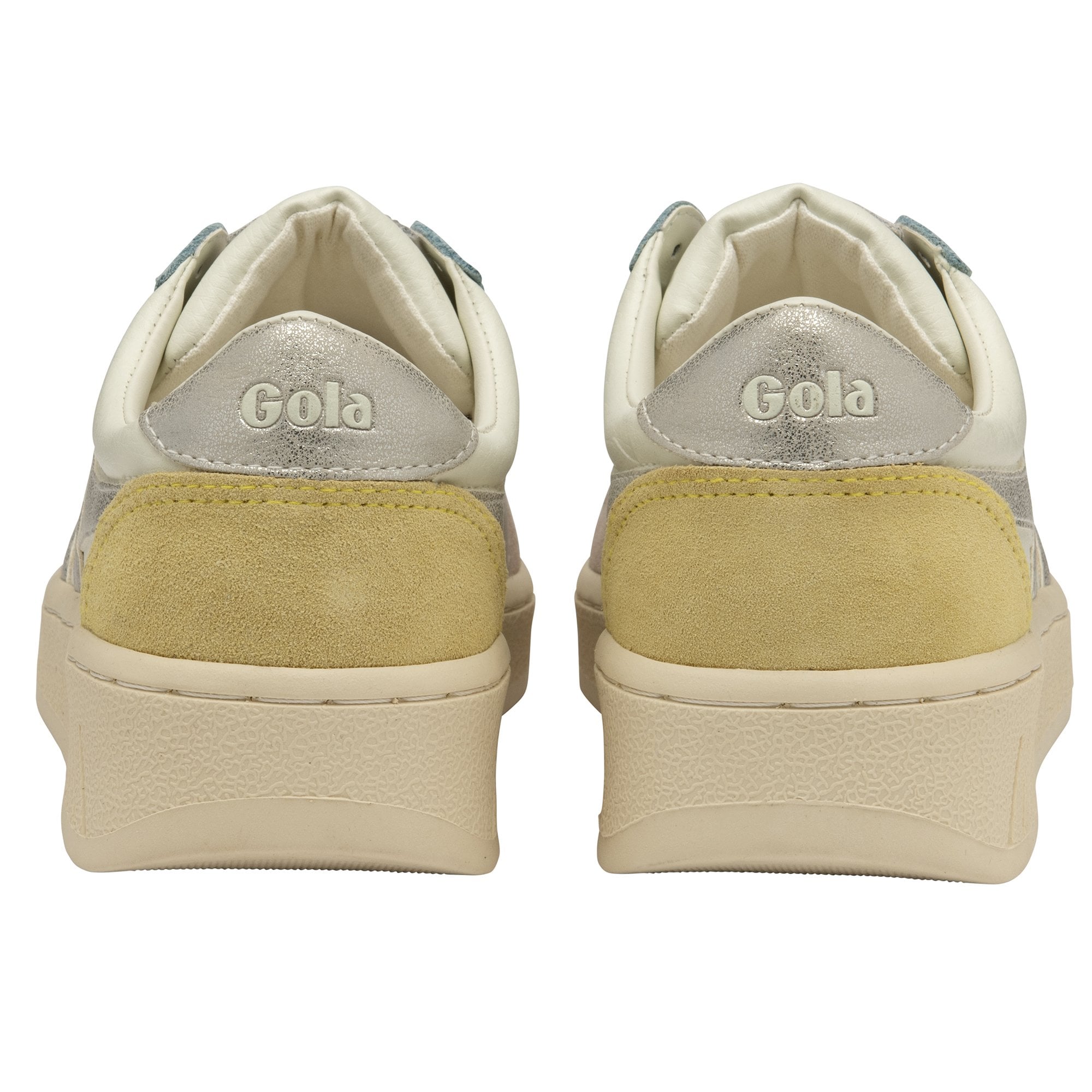The back of a pair of white Gola sneakers with yellow and silver accents.