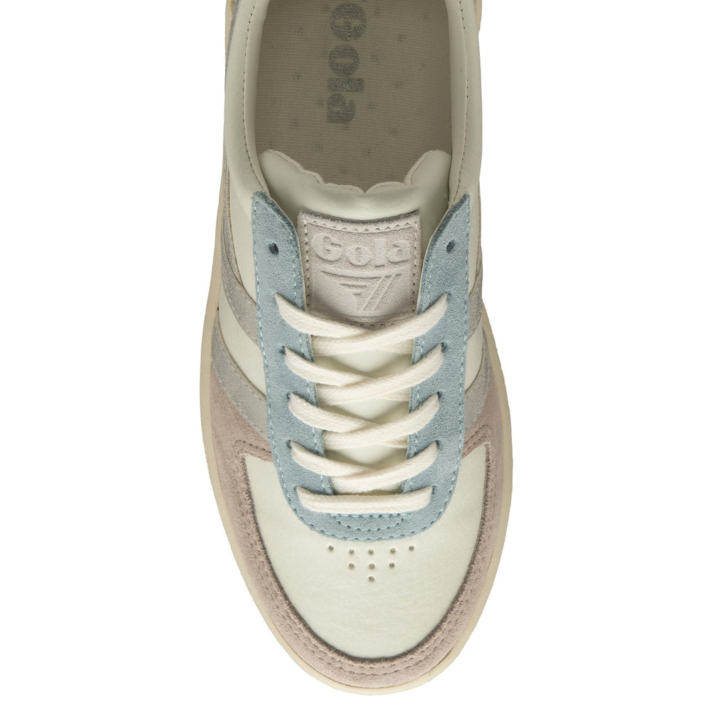 The top-down view of a white Gola sneaker with pale blue and pink accents.