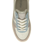 The top-down view of a white Gola sneaker with pale blue and pink accents.