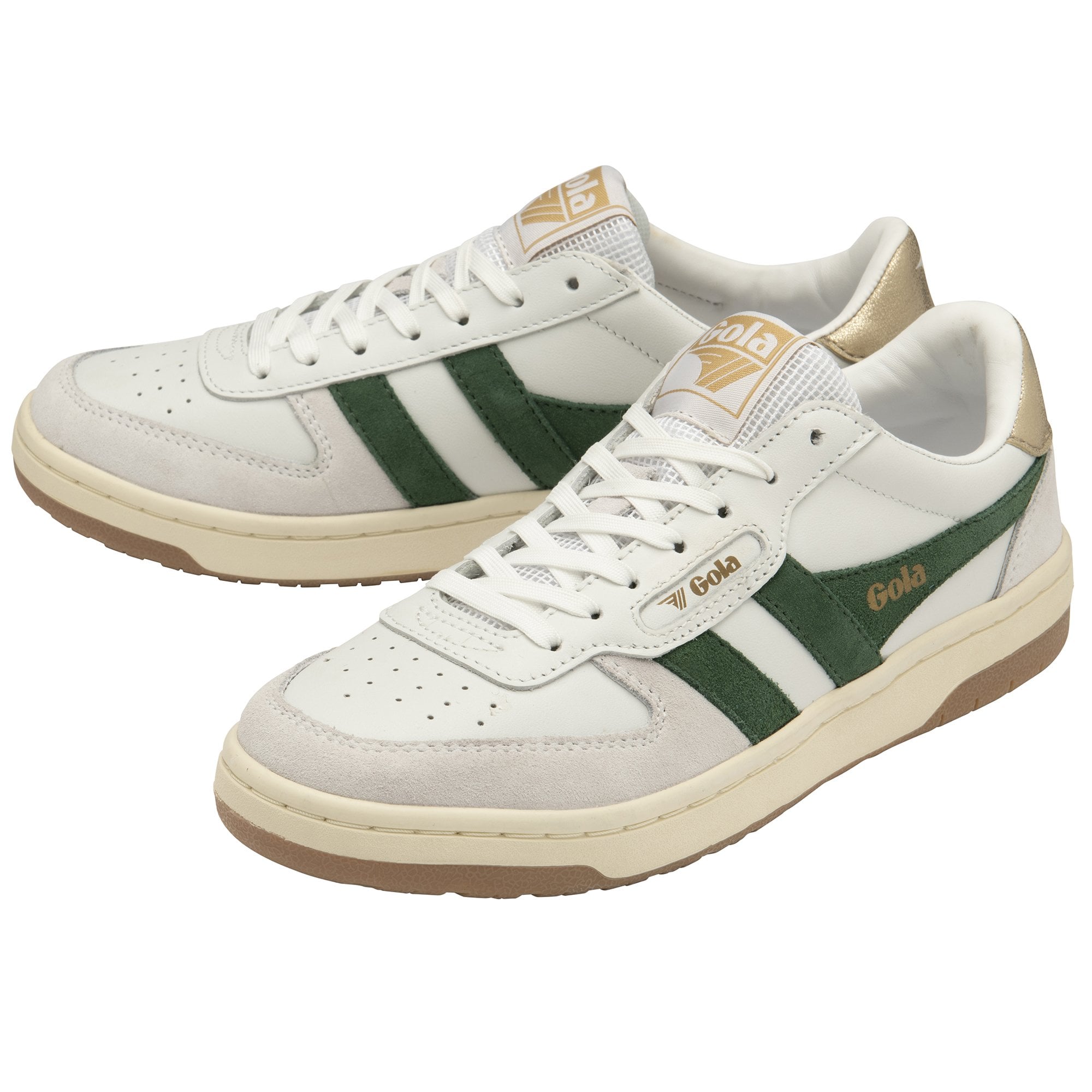 A pair of white and green Gola sneakers with gold accents, viewed from an angle.
