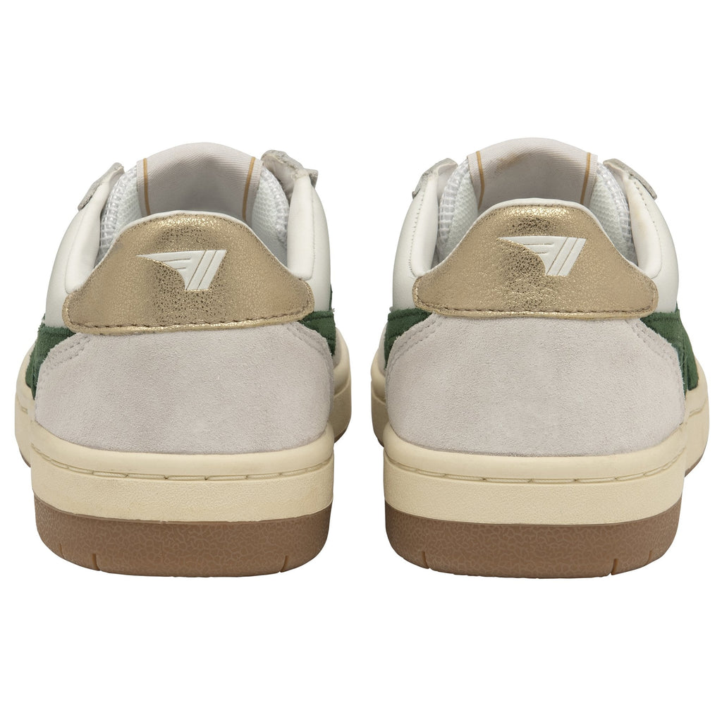 The backs of two white and green Gola sneakers, showing gold heel tabs.