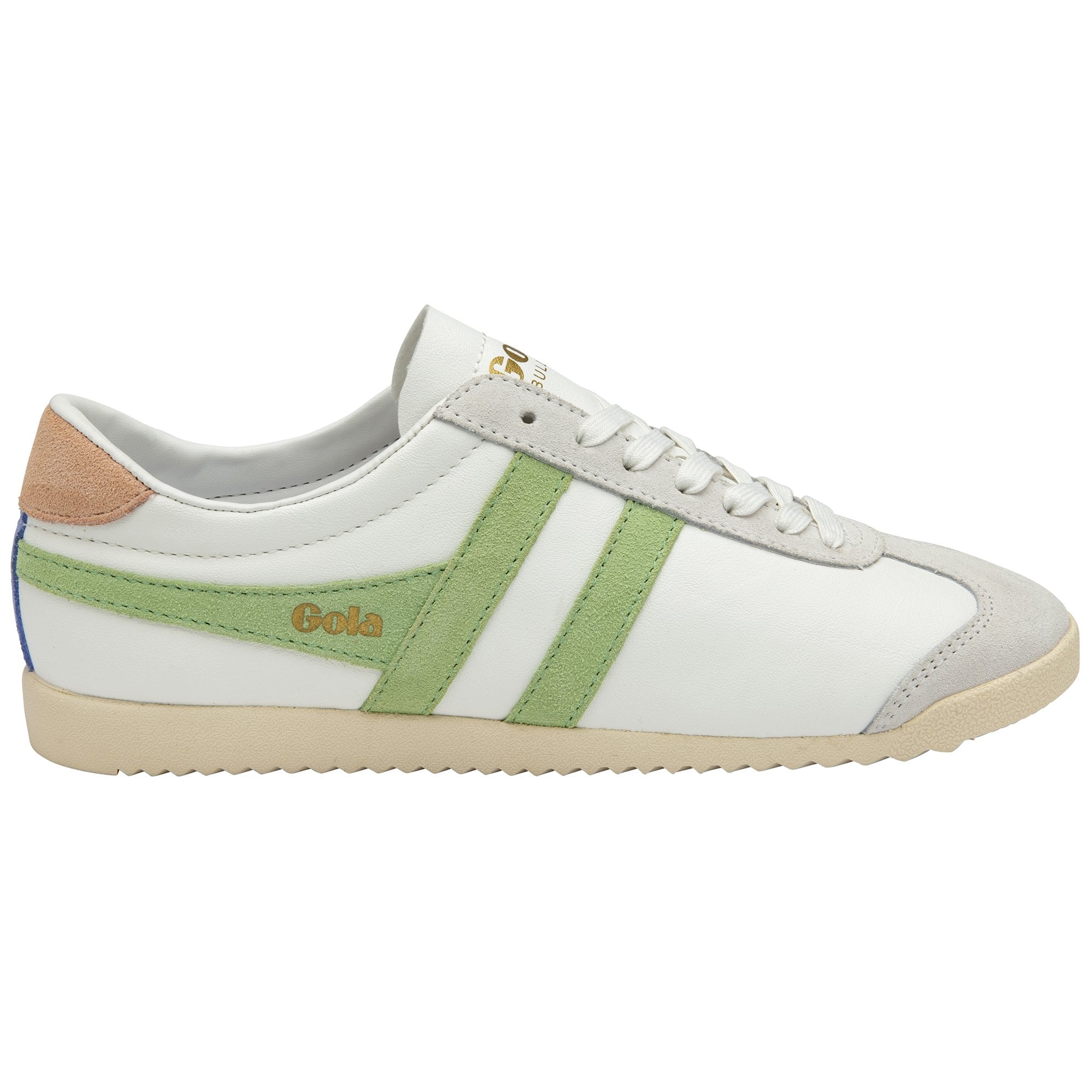 Side profile of a white Gola sneaker with green stripes and a tan heel tab. 