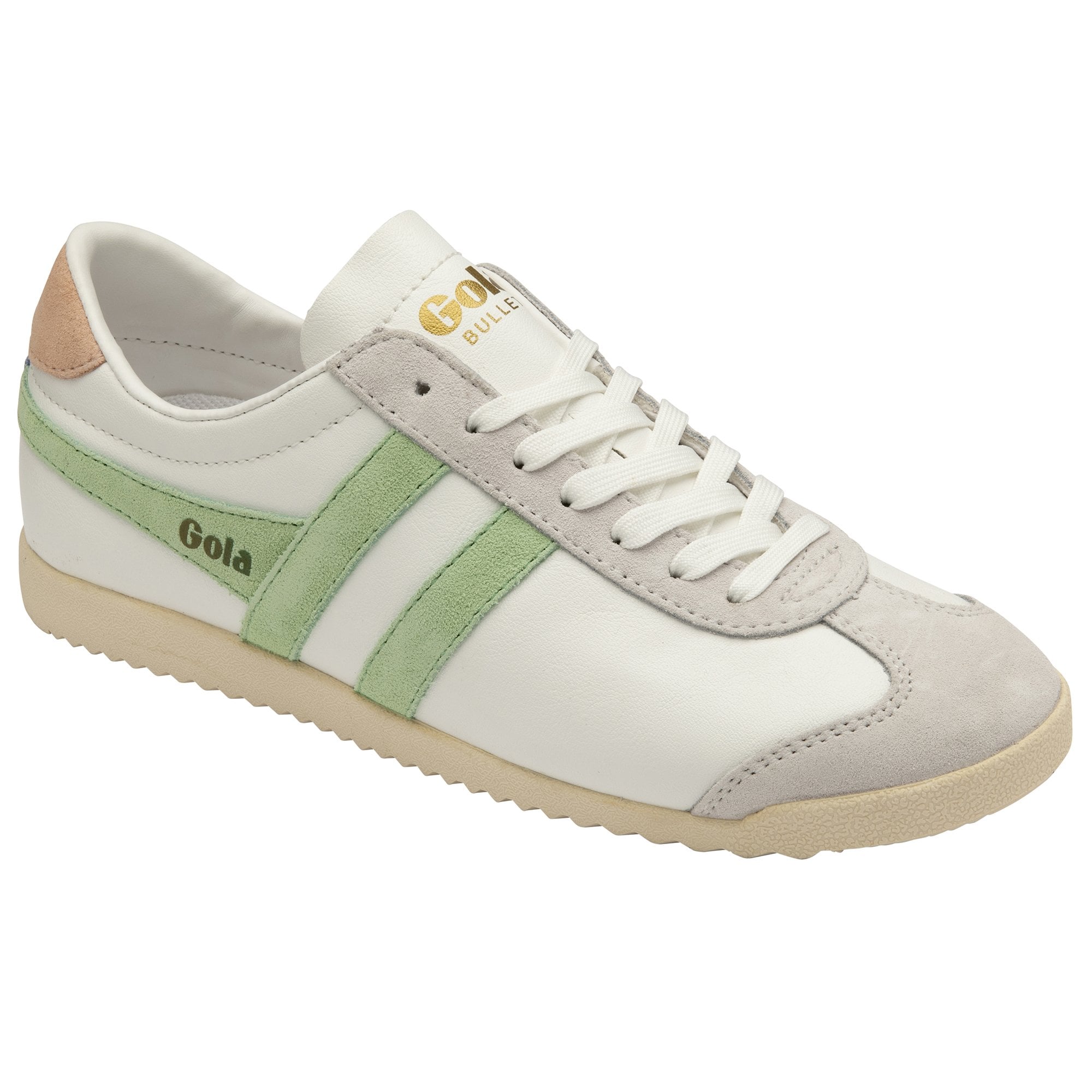 Front side view of a white Gola sneaker with green stripes and a tan heel tab.