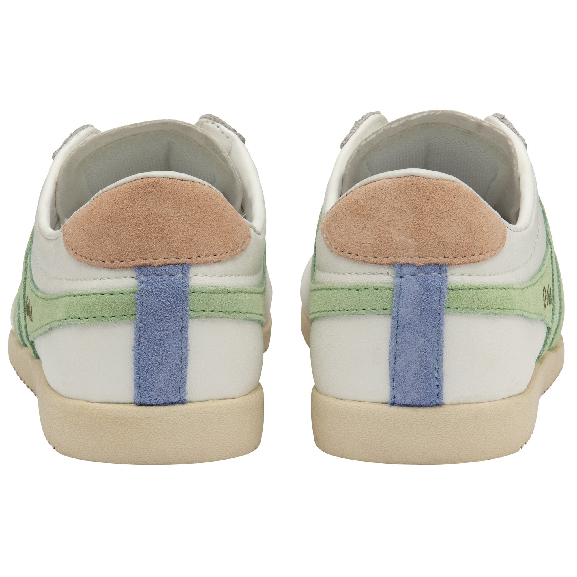 Back view of a pair of white Gola sneakers with tan heel tabs and blue accents.