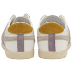The rear view of two white and beige Gola Bullet sneakers with gold heel tabs.