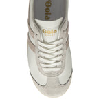 A top-down view of a white and beige Gola Bullet sneaker, showing the laces and logo.