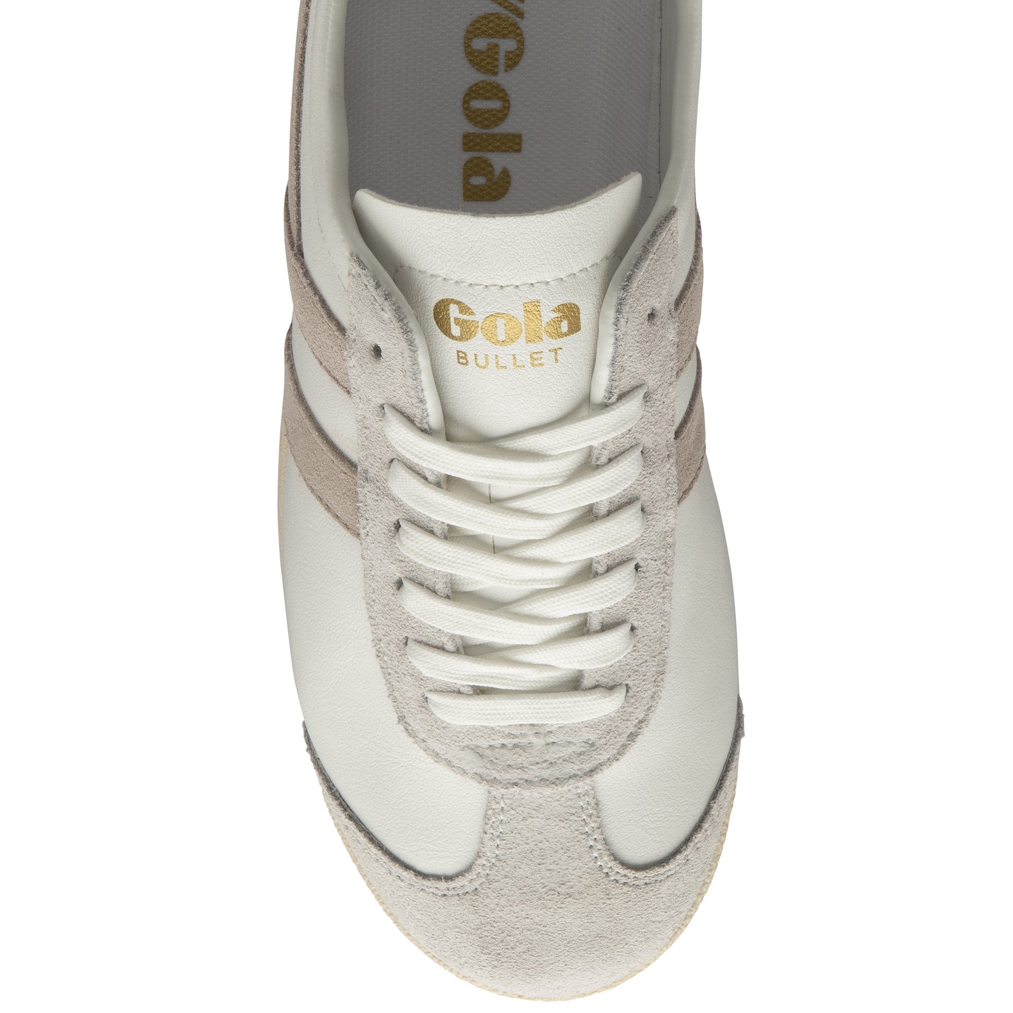 A top-down view of a white and beige Gola Bullet sneaker, showing the laces and logo.