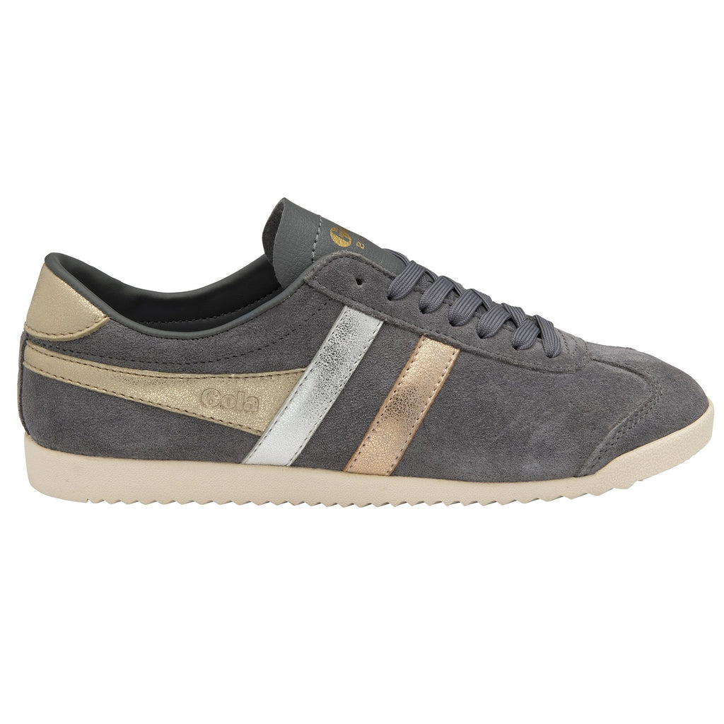 A single gray Gola Bullet trainer with gold, silver, and rose gold stripes.