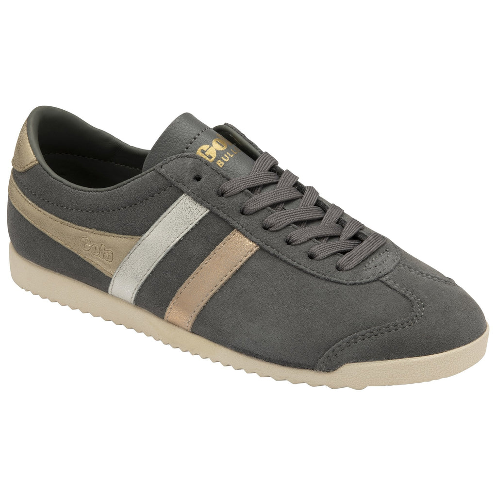 A gray Gola Bullet trainer with gold, silver, and rose gold stripes, angled right.