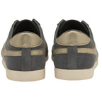 The back view of a pair of gray Gola Bullet trainers with gold heel accents.