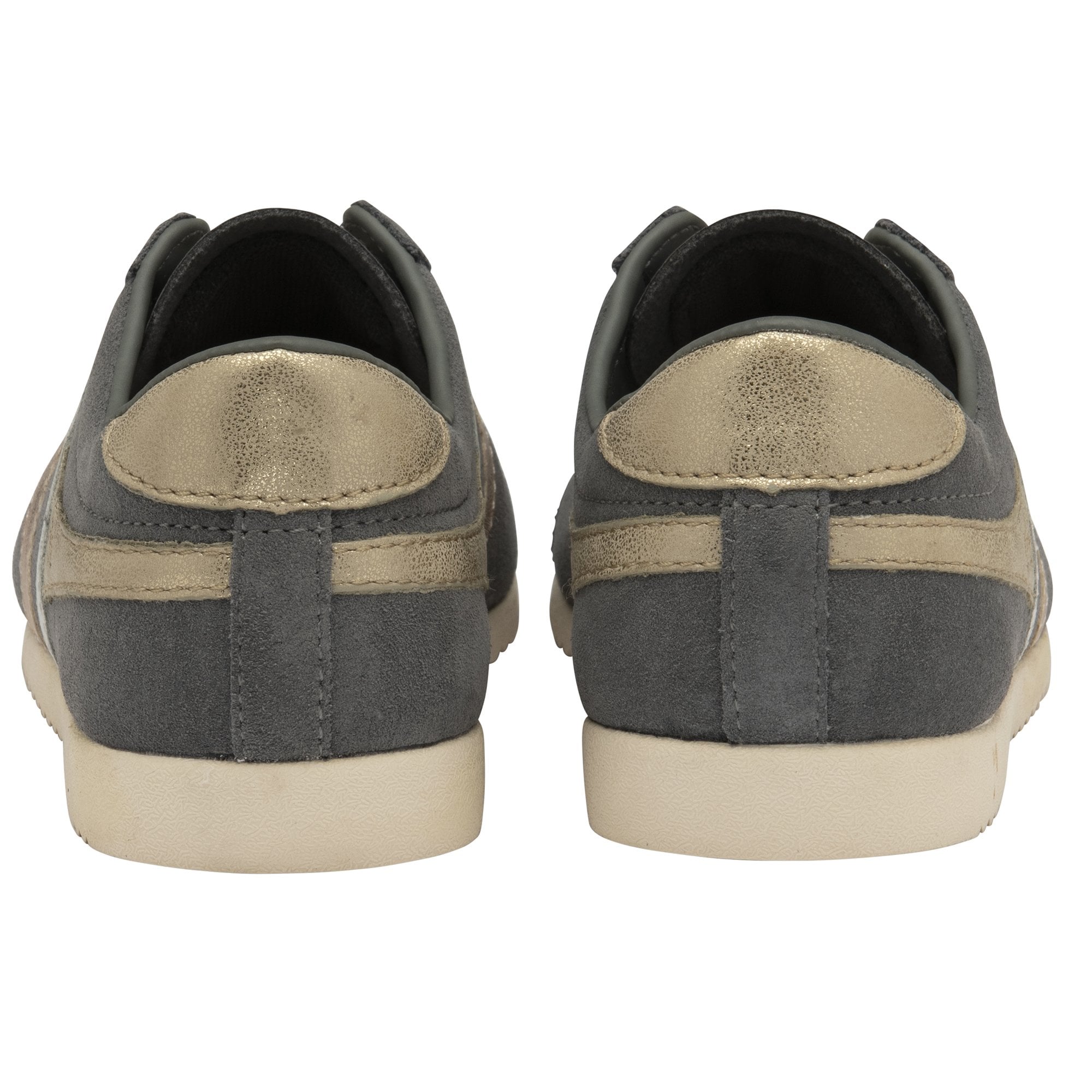 The back view of a pair of gray Gola Bullet trainers with gold heel accents.