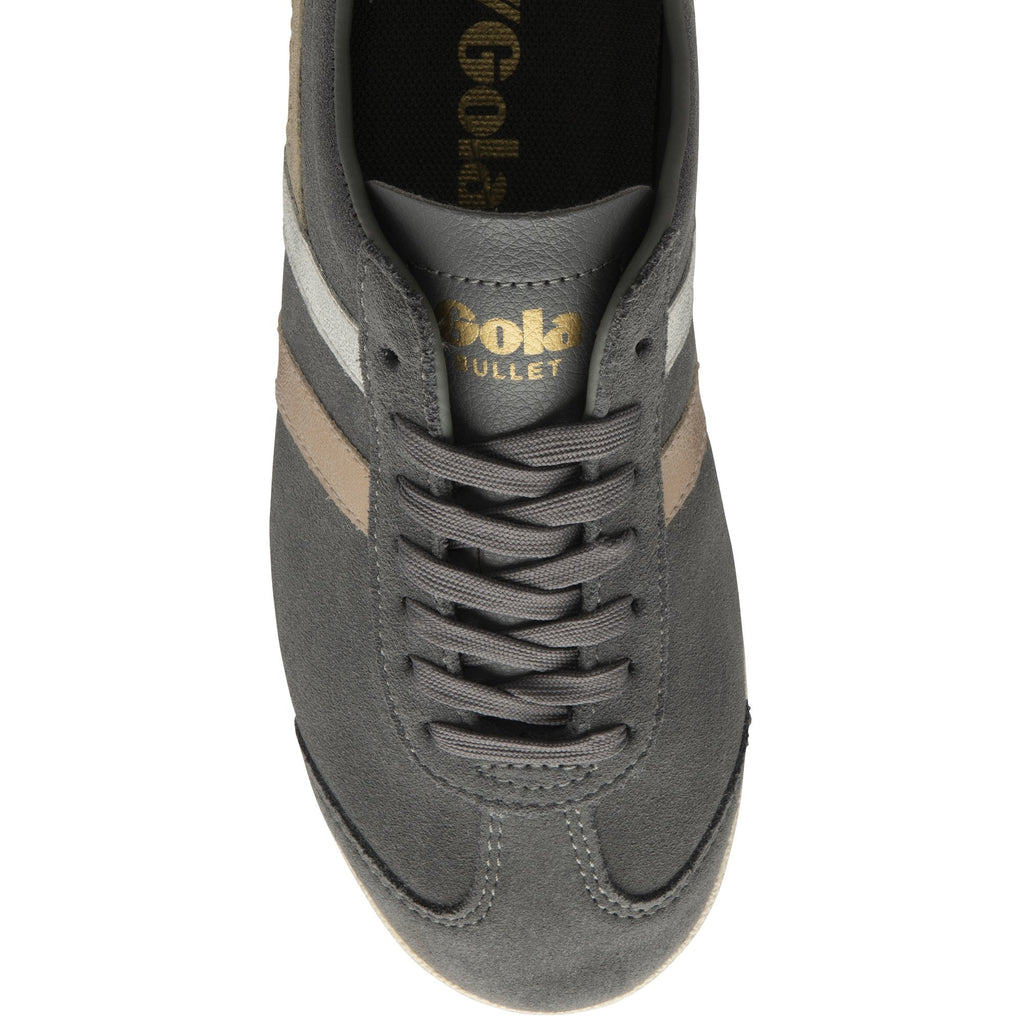 Overhead view of a gray Gola Bullet trainer with gold, silver, and rose gold stripes.