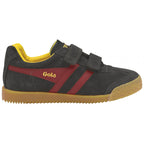 A single gray Gola kids' sneaker with red stripes and yellow interior, shown from the side.