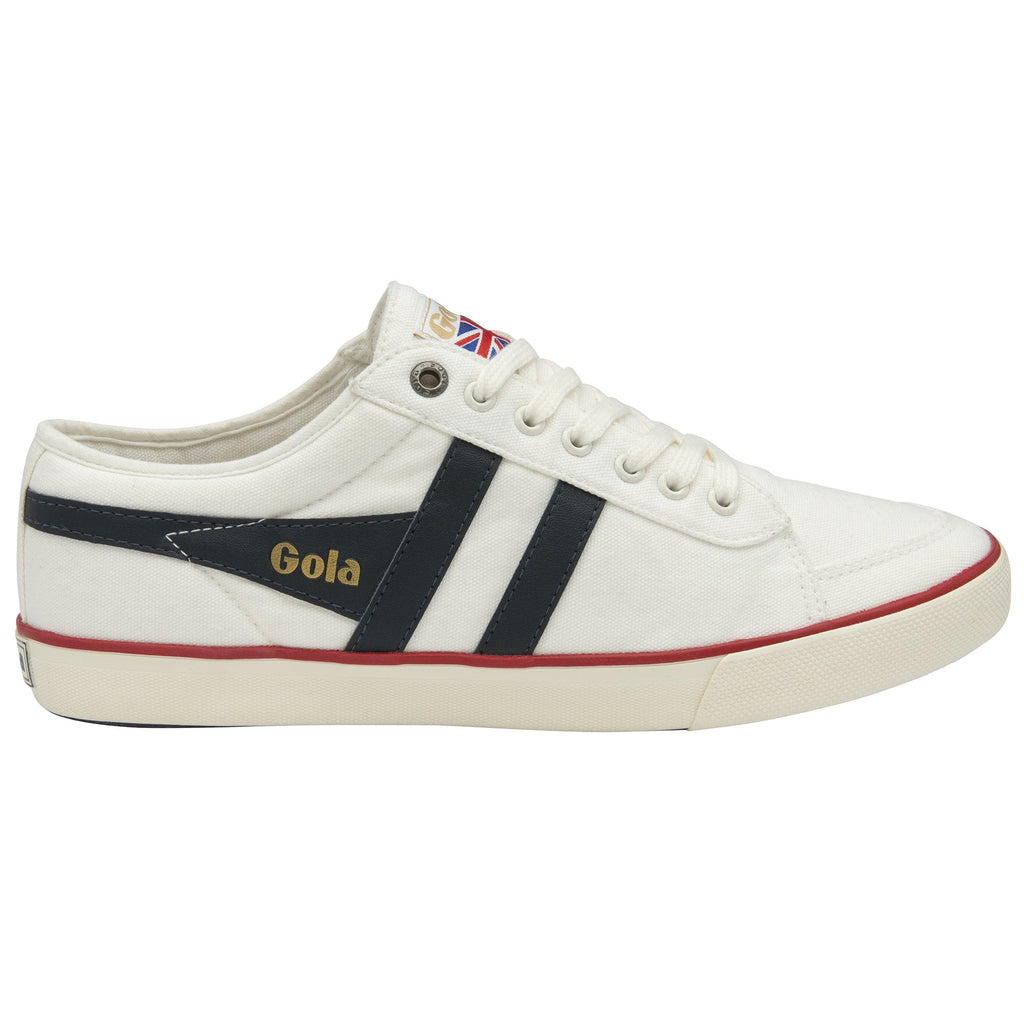 Side profile of a Gola men's sneaker in white with navy stripes and a red trim.