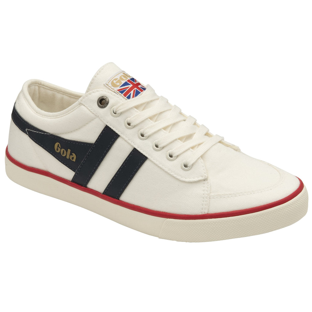 Angled view of a Gola men's sneaker in white with navy stripes and a red trim.