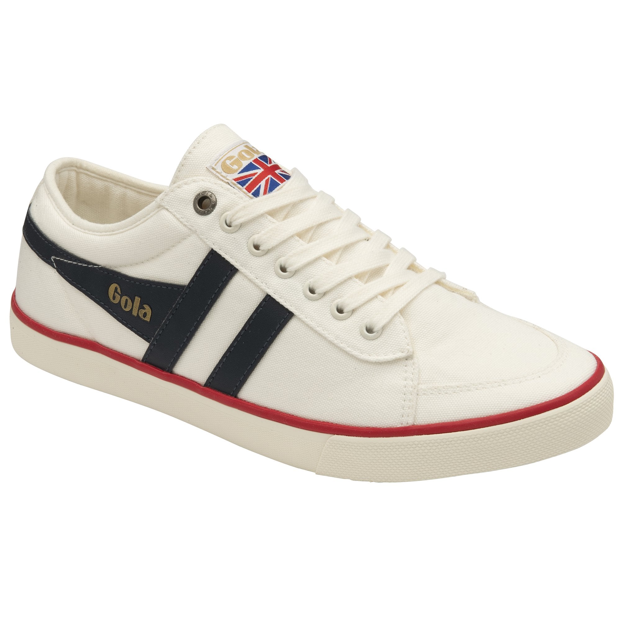 Angled view of a Gola men's sneaker in white with navy stripes and a red trim.